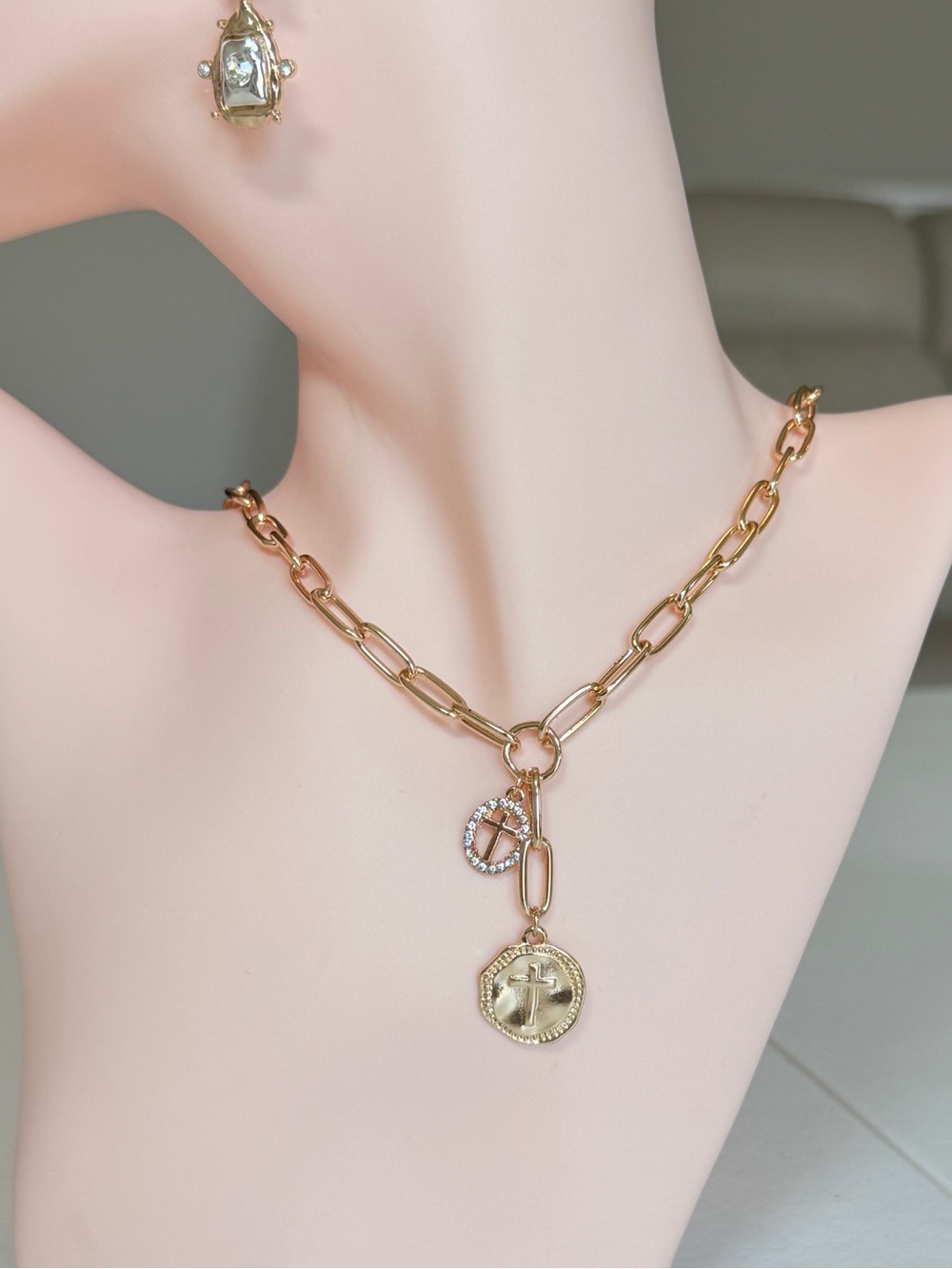 Gold-Tone Link Necklace with Cross Coin and Crystal Charm